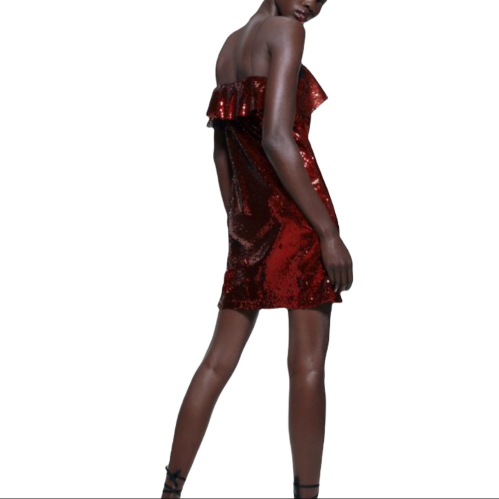 NWT ZARA Red Sequins Ruffle Neckline Mini Dress. Size XS - Picture 7 of 13